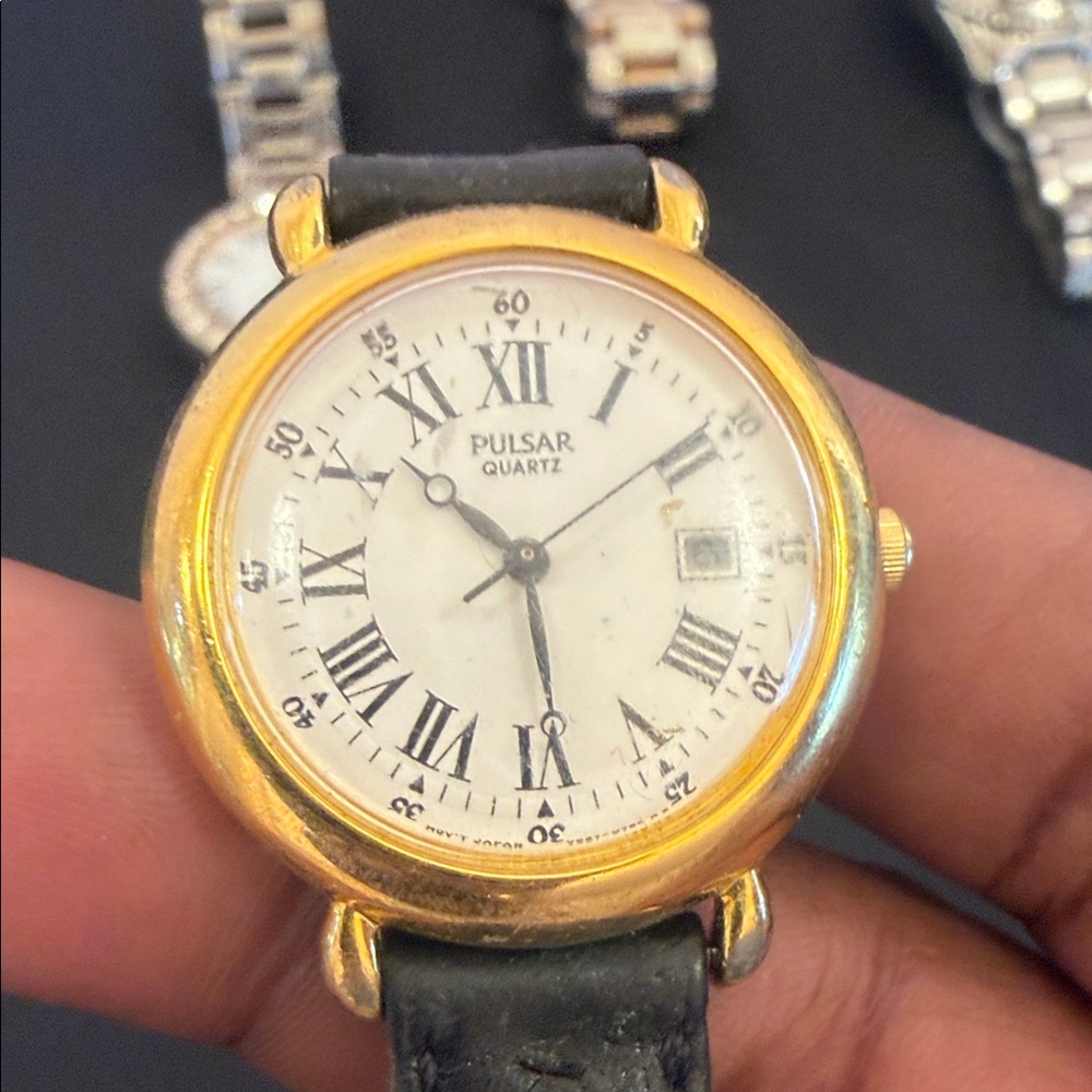 Pulsar Gold Tone Case White Dial Black Leather Strap Women's Watch